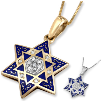 14K Gold Diamond Star of David Pendant Necklace with Blue Enamel
