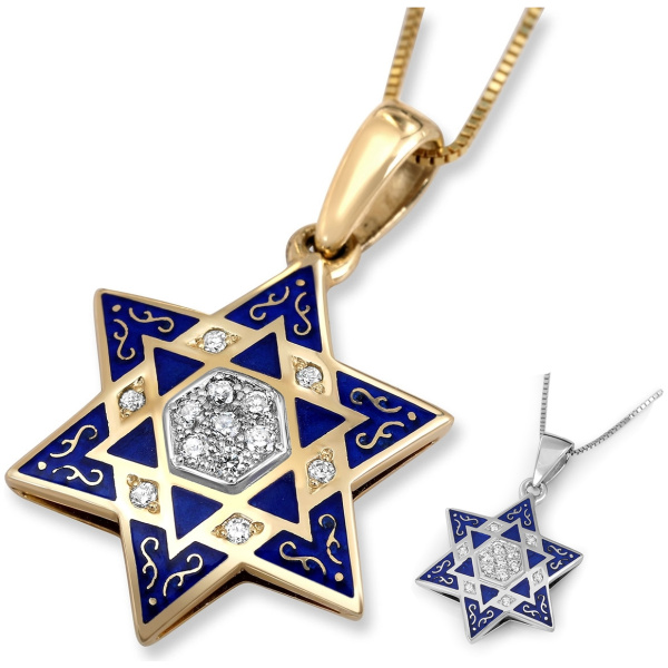 14K Gold Diamond Star of David Pendant Necklace with Blue Enamel
