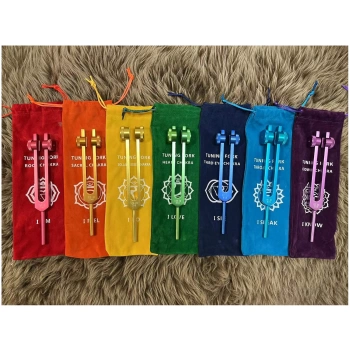 Weighted tuning fork 7 chakra + 7 soft bags + 7 mallets SET. Sound Healing with Individually Marked Chakra meditation tools