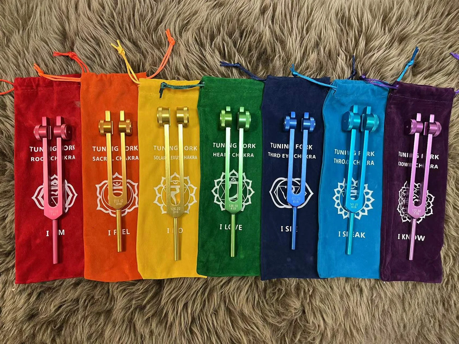 Weighted tuning fork 7 chakra + 7 soft bags + 7 mallets SET. Sound Healing with Individually Marked Chakra meditation tools